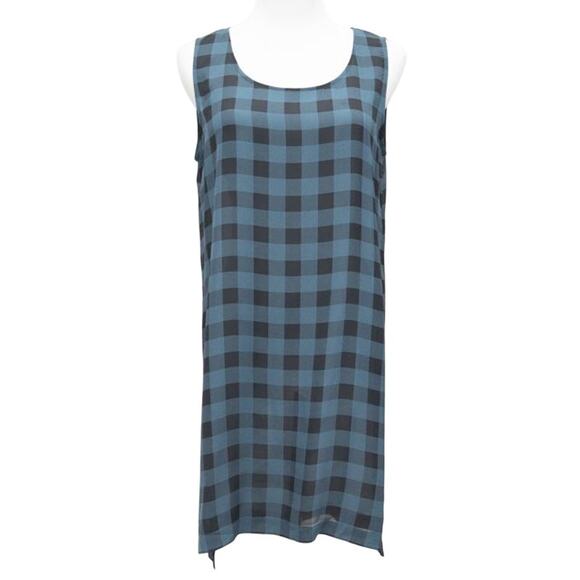 Eileen Fisher Blue 100% Silk Buffalo Check Plaid Tunic Tank Top Size Small - Picture 1 of 9